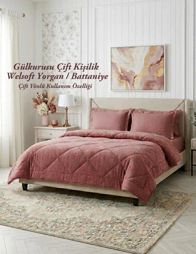 Çift Kişilik Lastikli Çarşaflı Düz Renk Welsoft Uyku Seti Gülkurusu