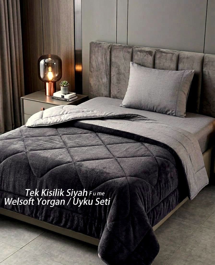 Lastikli Çarşaflı Düz Renk Welsoft Uyku Seti Tek Kişilik Siyah