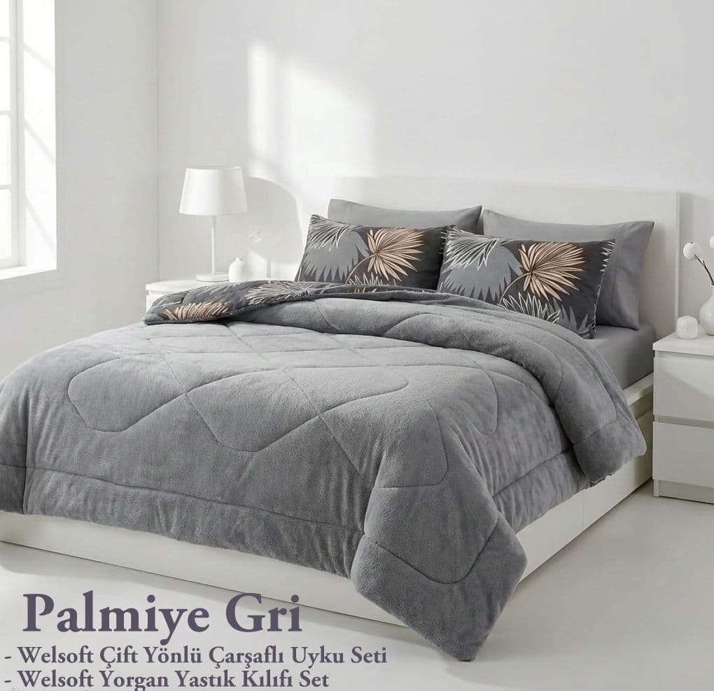  Tek Kişilik Welsoft Yorgan Yastık Kılıfı Set Palmiye Gri