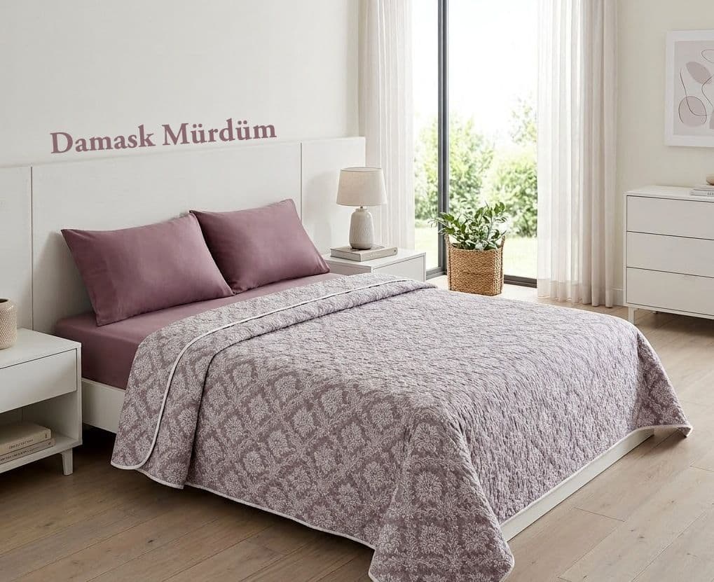 Damask Mürdüm Çift Kişilik Çok Amaçlı Kapitoneli Pike / Yatak Örtüsü