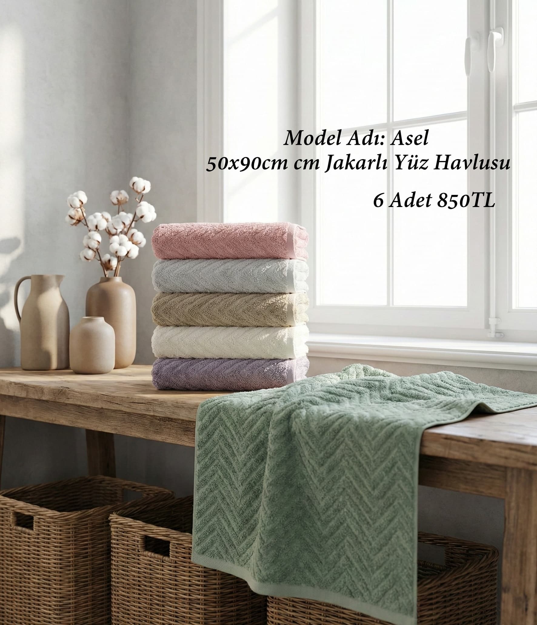 Asel Model Jakarlı 50x90cm Yüz Havlusu 6 Adet