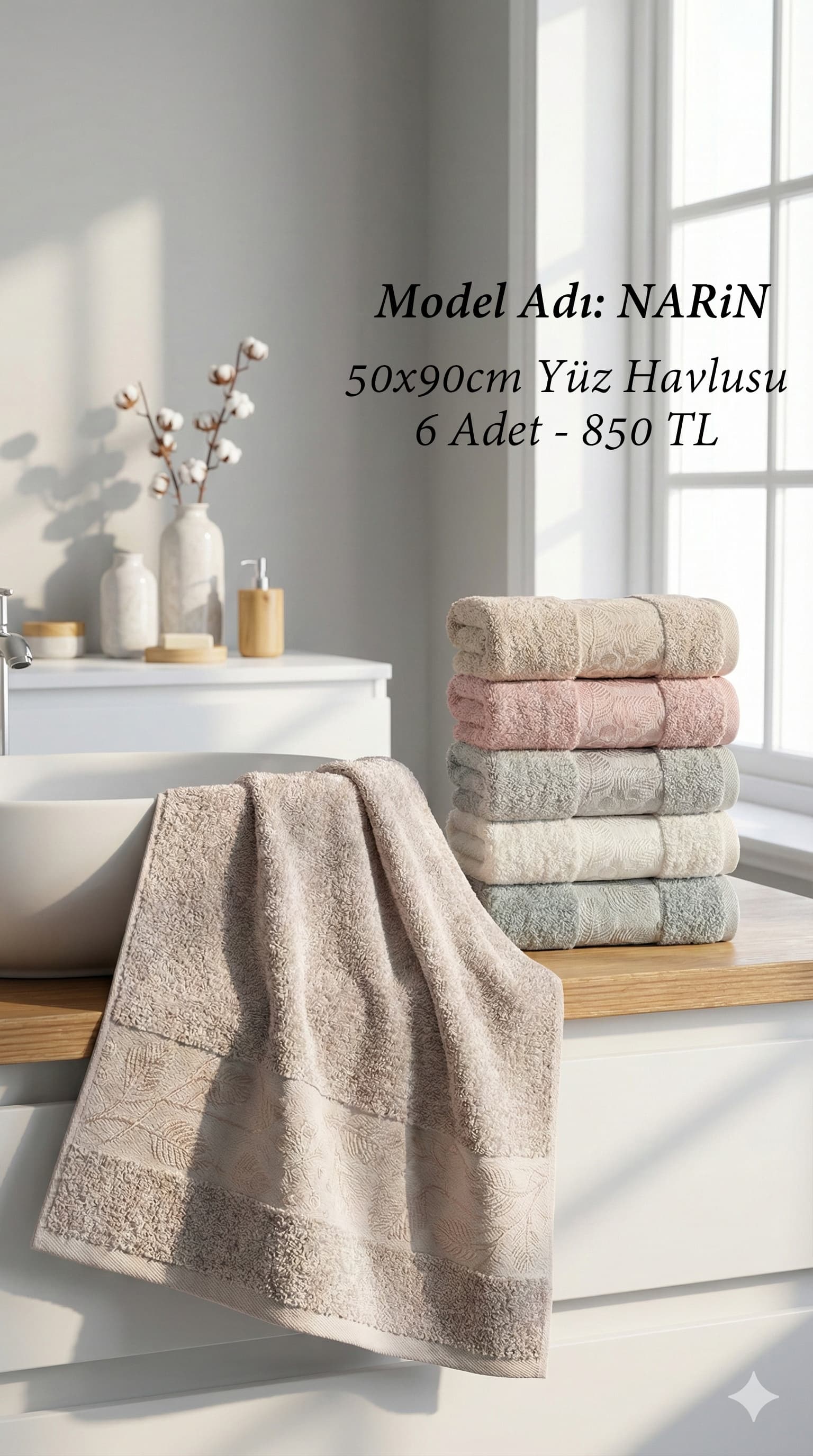 Bordürlü El Yüz Havlusu 50x90cm Narin Model 6 Adet