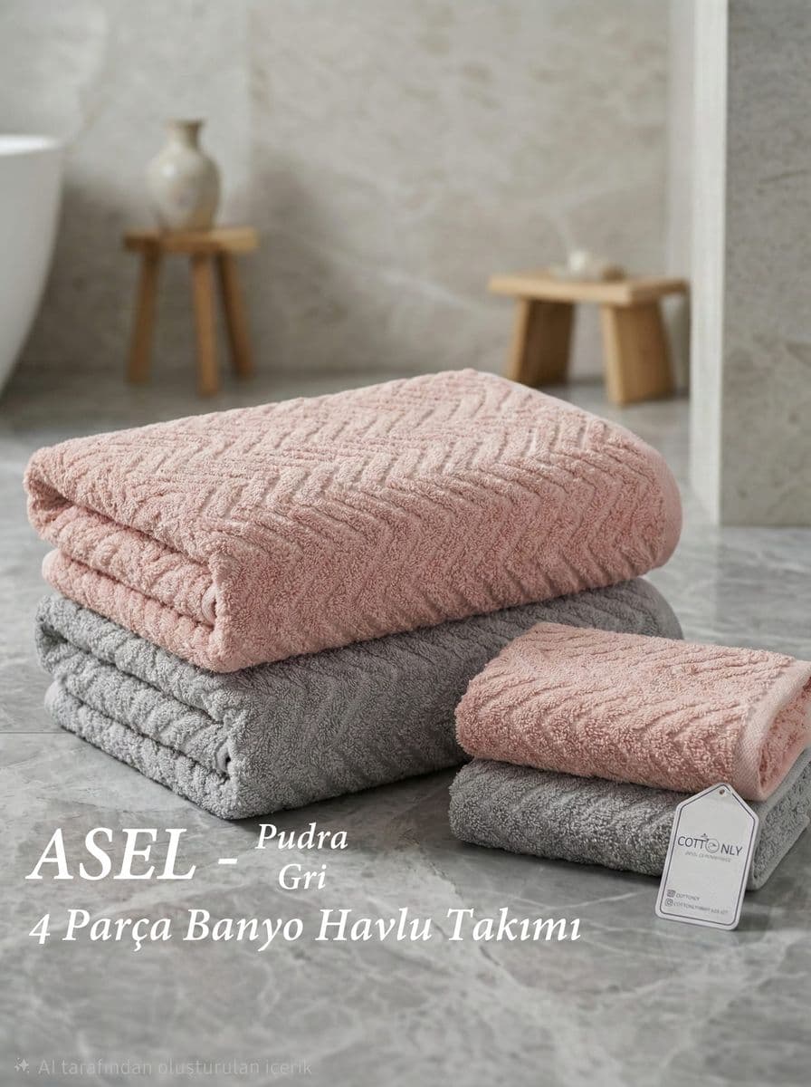 Banyo ve Saç Havlu Takımı 4 Parça Asel Pudra Gri