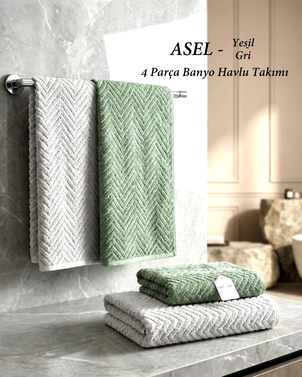 Banyo ve Saç Havlu Takımı 4 Parça Asel Yeşil Gri