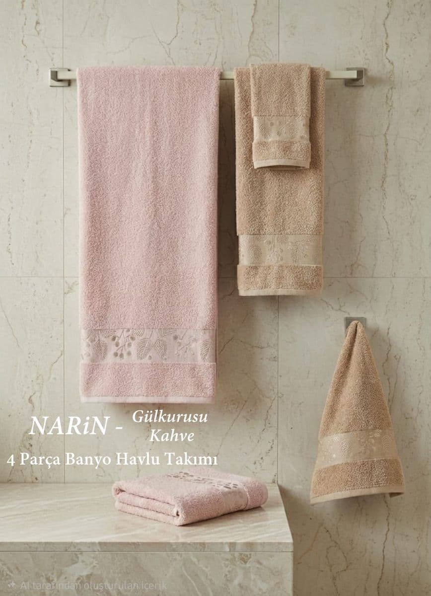 Banyo ve Saç Havlu Takımı 4 Parça Narin Gülkurusu Kahve
