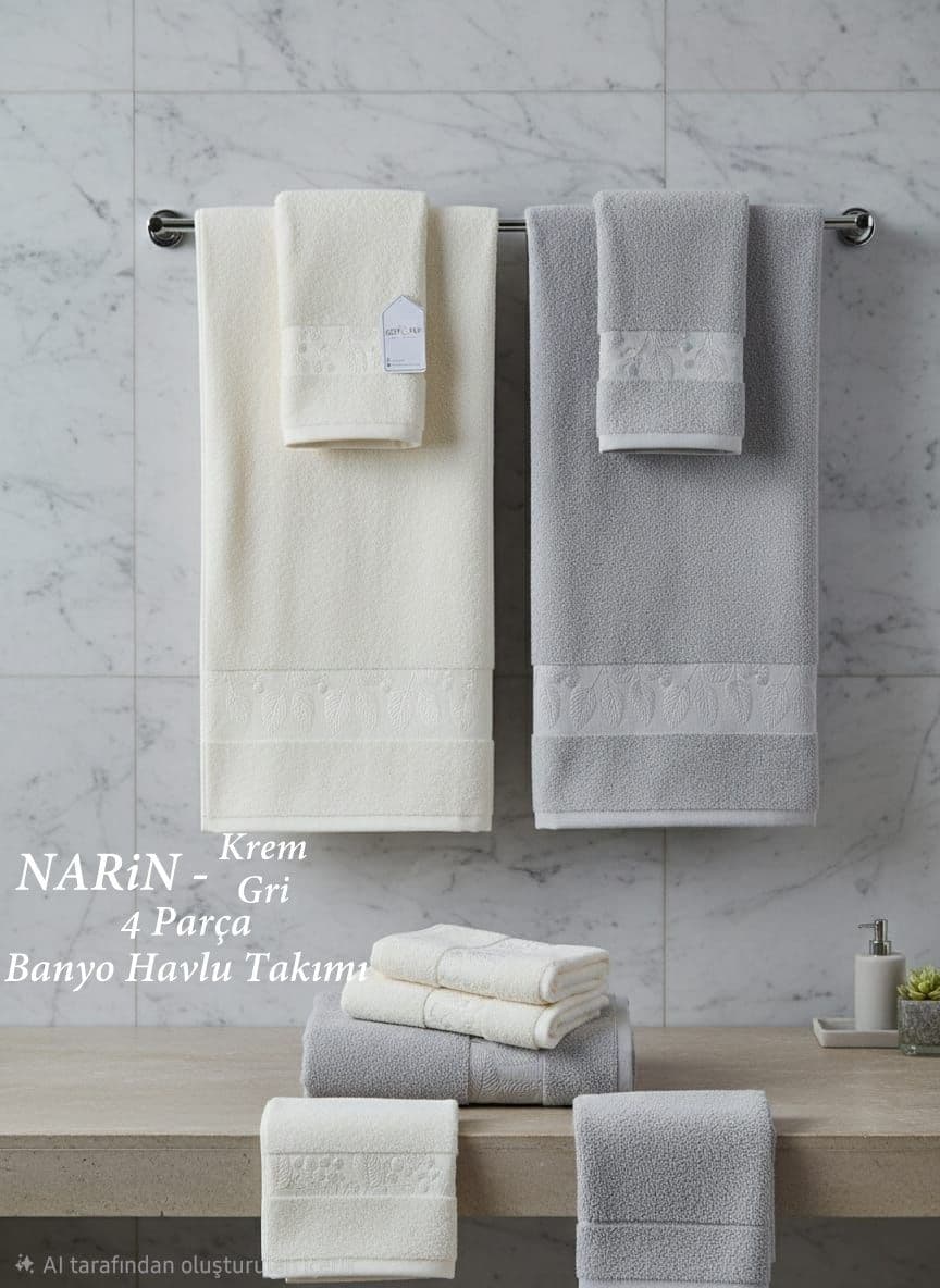 Banyo ve Saç Havlu Takımı 4 Parça Narin Krem Gri